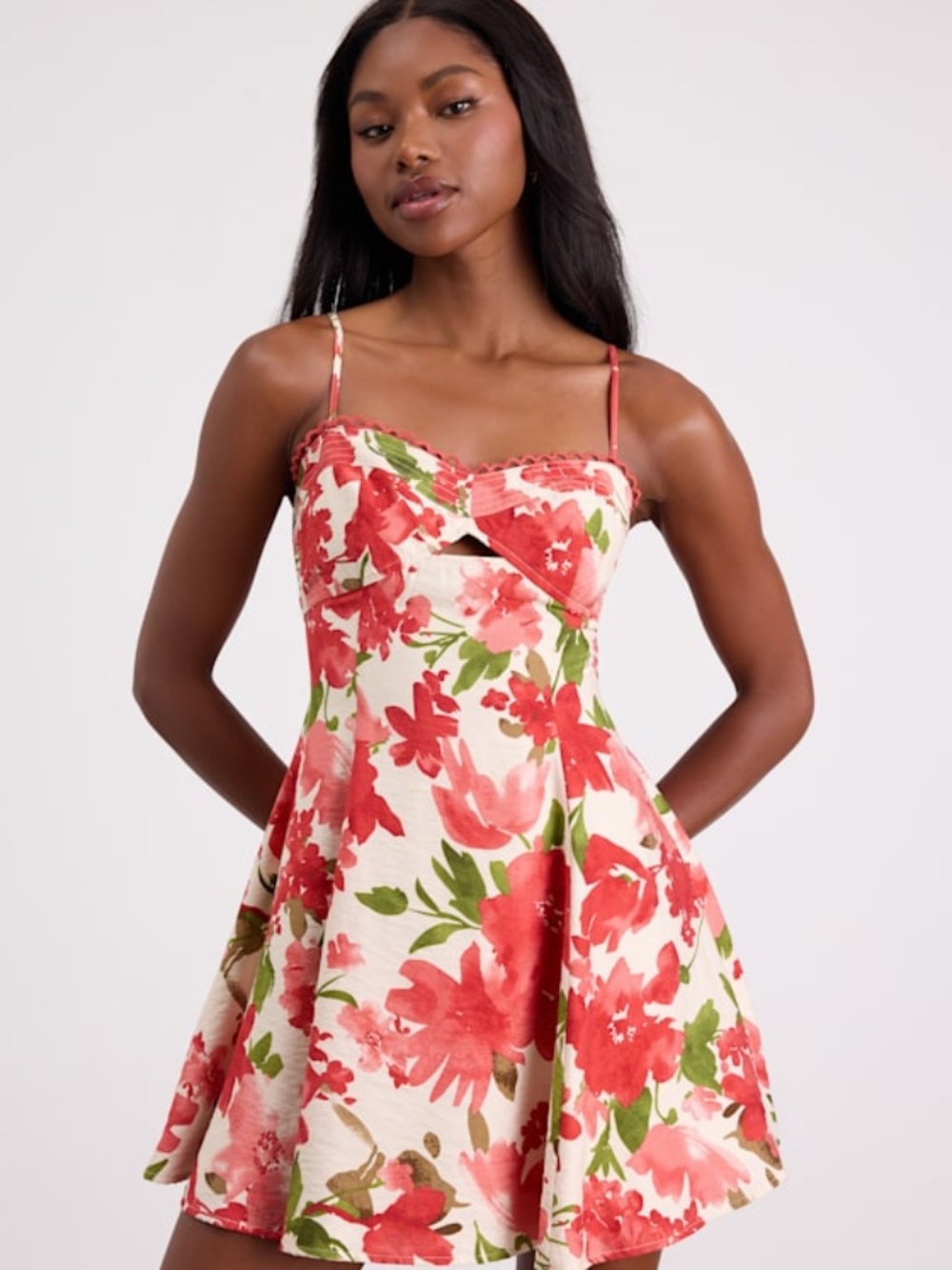 Lulus Kylie Cream And Red Floral Skater Mini Dress White - Size S